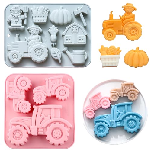 2 Stück Silikon Traktor Kuchenform 3D Traktor Backform, Antihaftbeschichtet Silikonform Bauernhof, Diy Kuchenform Trecker, für Kindergeburtstag, Party - Kuchen, Schokolade, Dessertpudding (Blau, Rosa)