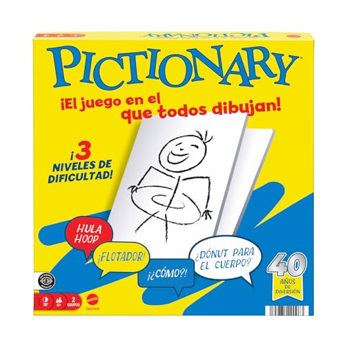 Mattel Games Pictionary Jogo de tabuleiro familiar para meninos e meninas, adultos e noites de jogo, para duas equipas com marcador de tinta apagável, quadros e ampulheta, JDY00