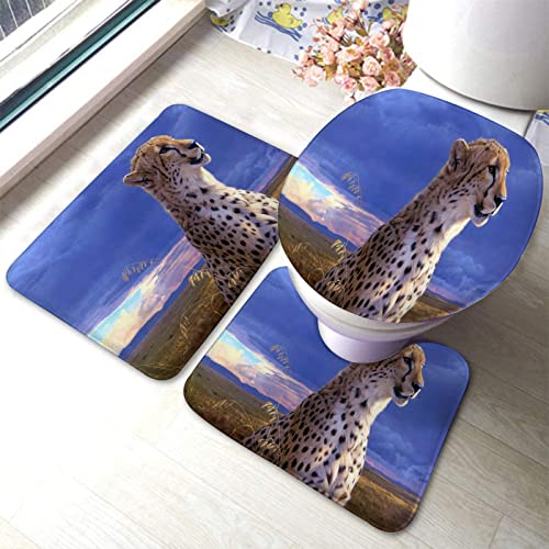 Badezimmerteppich-Set, 3-teilig, Gepardengesicht, waschbare Badeteppiche, rutschfest, mit Rückenpolster, Konturteppich und Toilettendeckelbezug