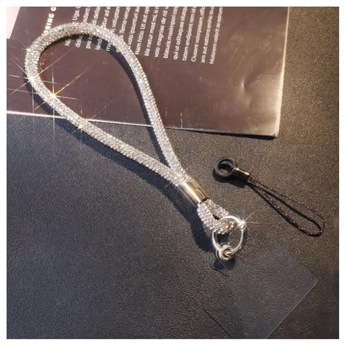 Hrlace Handy Lanyard Universal Strass Handykette Handgelenkband Glitzer Strass Kristall Telefon Lanyard zum Umhängen Handyband Handschlaufe Lanyard mit Patch für alle Smartphone Handgelenk Silber