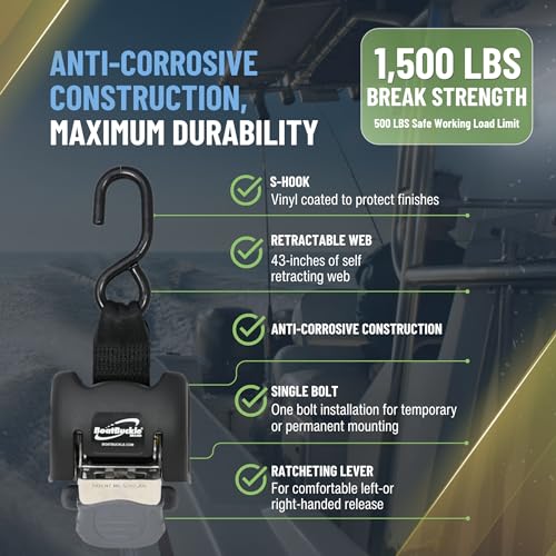 BoatBuckle G2 Stainless Steel Retractable Tie-Down Transom Straps - for Brackish or Saltwater Environments - Ratchet Tie Down Straps for Boats - 1500lbs Break Strength, 2 x 43-Inch, 2-Pack | One-Bolt Mounting, Squeeze-Release Handles, Various Mounting Angles, Saltwater Use, 1,500 lb Break Strength, 500 lb Load Each - Image 5