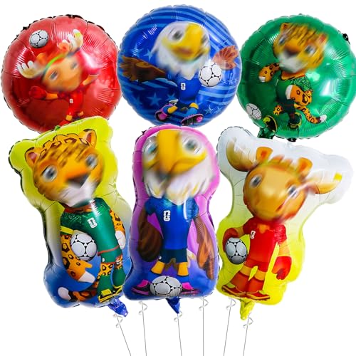 Tourima Juego de 6 globos de aluminio para decoración de cumpleaños para niños, para el Mundial 2026, con 3 globos de 18 pulgadas y 3 globos de figuras de 68 a 70 cm, decoración de fiesta de fútbol