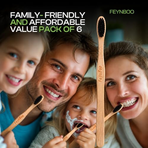 FeynBoo Bamboo Toothbrushes Hard Bristles 6 Pack - BPA Free Bristles Toothbrushes for Adults - Eco-Friendly, Natural Wooden Toothbrush (Light Brown, Black). - 4