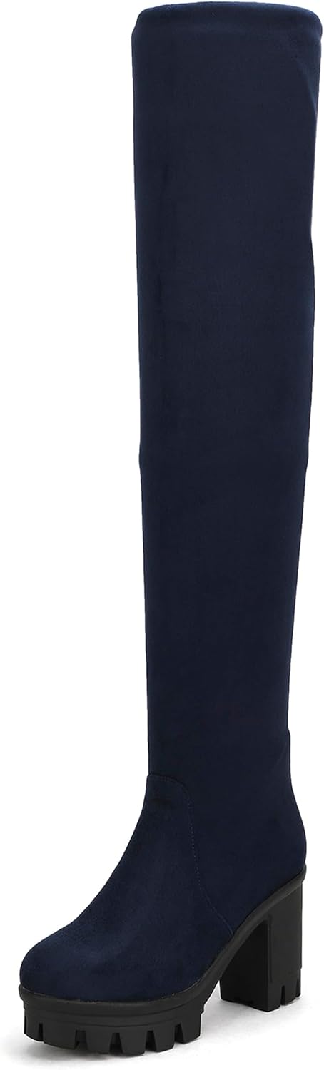 Women Pull On Suede Over The Knee Stretch Boots Platform