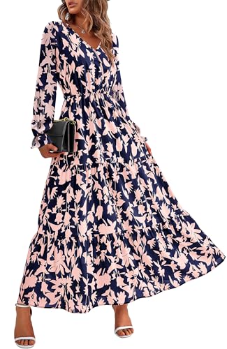 BTFBM Women Fall Dresses 2025 Casual Long Sleeve V Neck Maxi Dresses Floral Boho Long Dress Wedding Guest Dress