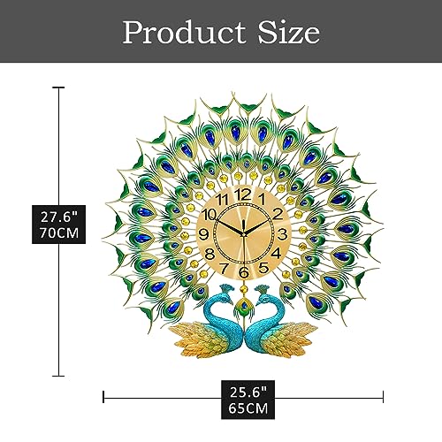 Image of Large Peacock Wall Clock 27.6 inch Non-Ticking Silent Crystal Creative Personality Modern Art Decorative Wall Clocks for Living Room Decor