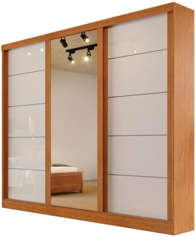 Engineered Wood Double Wardrobe With Mirror 3 Sliding Doors 4 Drawers, Off White Color, (Wxhxd): 210X200X56 Cm,Suitable For Bedroom, Laundry Room, Closet, Garage,