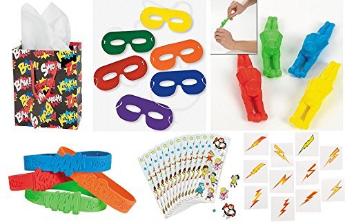 SUPERHERO Party Favors Bundle Kit Pack Enough for 12 Boy's or Girl's Kid's Gift Bags, Stickers, Bracelets, Masks, Tattoos, 144 pc Toy Assortment