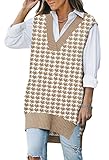 Viottiset Women's Oversized Houndstooth Sweater Vest Knit Sleeveless V Neck Pullover Tunic Top Khaki Medium