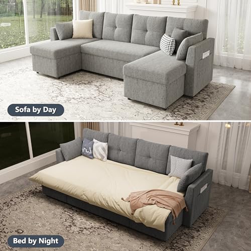 Image of Huatean Home Oversized Pullout Couch Bed, 110 inch 2 in 1 Sleeper Sofa Couch for Living Room, Sectional Sleeper Sofa Bed with Double Storage Chaise, Side Pockets, Light Grey