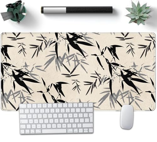 Nasdalgias Tapis de souris minimaliste avec feuilles beiges - Plante esthétique XXL - Grand tapis de souris de jeu étendu avec bords cousus - Décoration de bureau - Grand clavier d'ordinateur portable