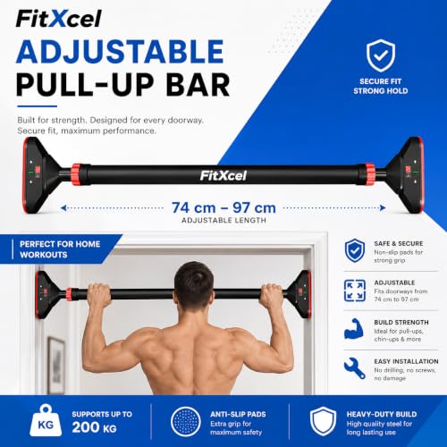 Image of Adjustable Pull-Up Bar for Home Gym - No-Screw Doorway Chin-Up Bar, 60-100 cm Adjustable Width, 200kg Weight Capacity, Strength Training & Upper Body Workout Equipment for Men & Women