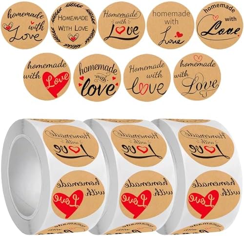 1500pcs Kraft Handmade with Love Stickers, Stickers Rond Kraft Ha...