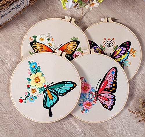 Image of Konrisa Embroidery Kits with Butterfly Flower Pattern, Stamped Embroidery Starter Kit for Beginners Adults Needlepoint Kits Include Embroidery Fabric Embroidery Hoop Threads and Needles,Set of 2
