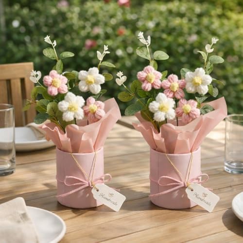 Image of AccuPrints Sumiko 2 pcs Artificial Crochet Flower Bouquet |Artificial Flowers Bunch | Crochet Flowers | Flowers Bouquet Gift for Girls Women | Home Decor | Gifting Item (Pink & White Daisy Bouquet)