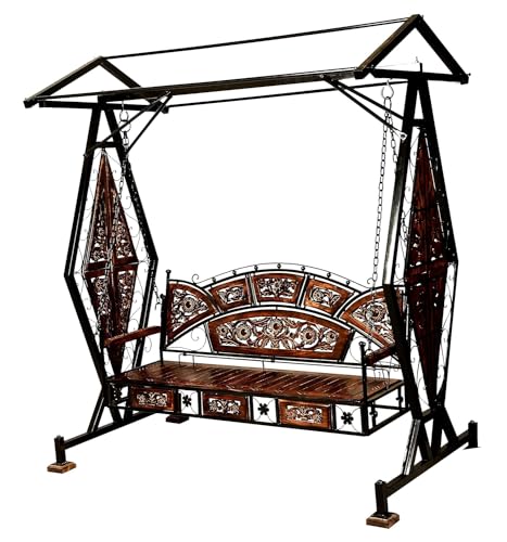 Image of 2 /3 Seater Mango Wood & Wrought Iron Swing Jhoola for Balcony Garden Jhula Outdoor /Indoor Hammock for Relaxation Elegant Intricate Design - Natural Brown & Black (Model /Sise - 4)