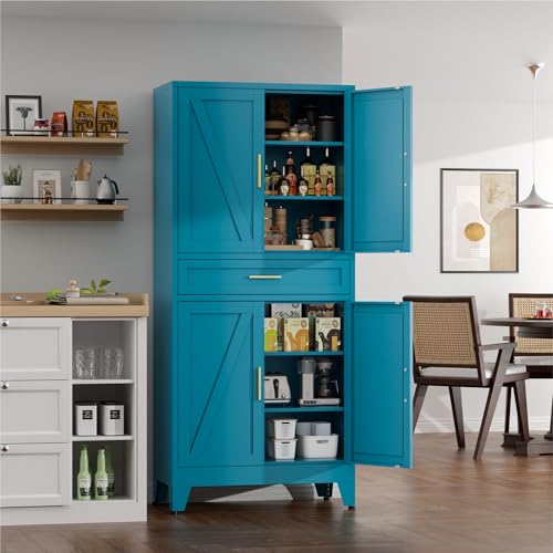 Image of 71 inch Tall Farmhouse Pantry Cabinet,Metal Cabinet with Adjustable Shelves and Doors,Storage Cabinet for Kitchen Garage,Blue 1 Pack