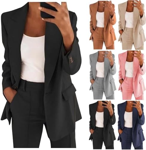 Business Casual Outfits for Women Plus Size 2 Piece Front Lapel Collar Blazer Pants Set Long Sleeve Work Pant Suits