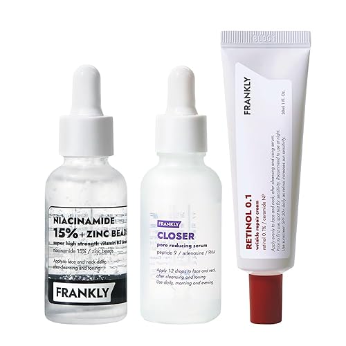 FRANKLY Set de cuidado de manchas oscuras, arrugas y poros  Suero de niacinamida + crema de noche de retinol + suero de poros peptídicos  Rutina