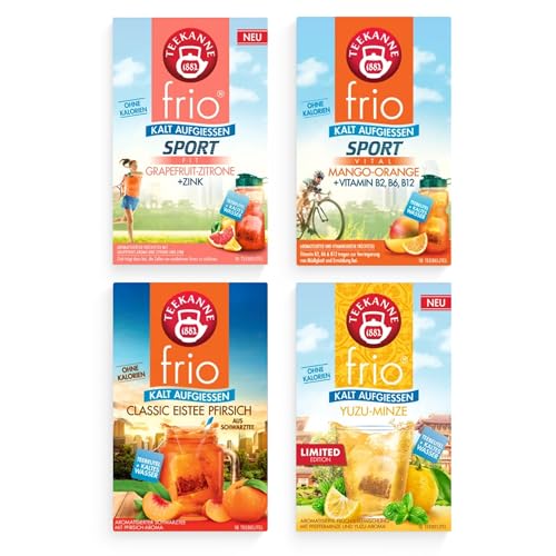Teekanne Tee Frio 4er Mix Kalter Tee mit Geschmack: Eistee Pfirsich Mango-Orange Yuzu-Minze & Grapefruit-Zitrone Erfrischende Teebeutel zum kalt aufgießen - Low calorie Wasser mit Geschmack
