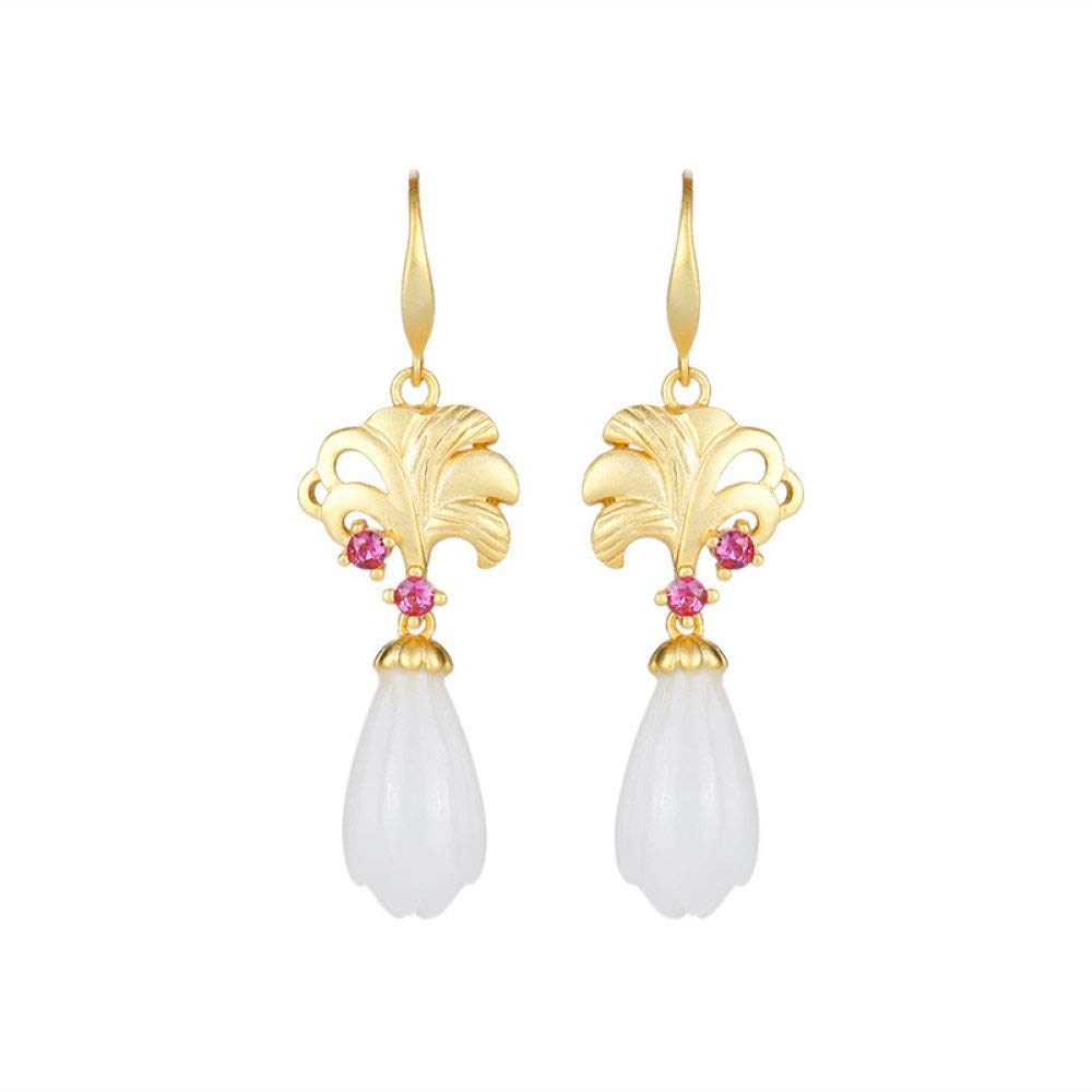 Vintage S925 Aretes De Plata Mujer Gancho De Oreja Simple Inlay Magnolia Circón Rojo Chapado En Oro Moda Jade Blanco Corte Regalo Elegante Temperamento Creativo 3D