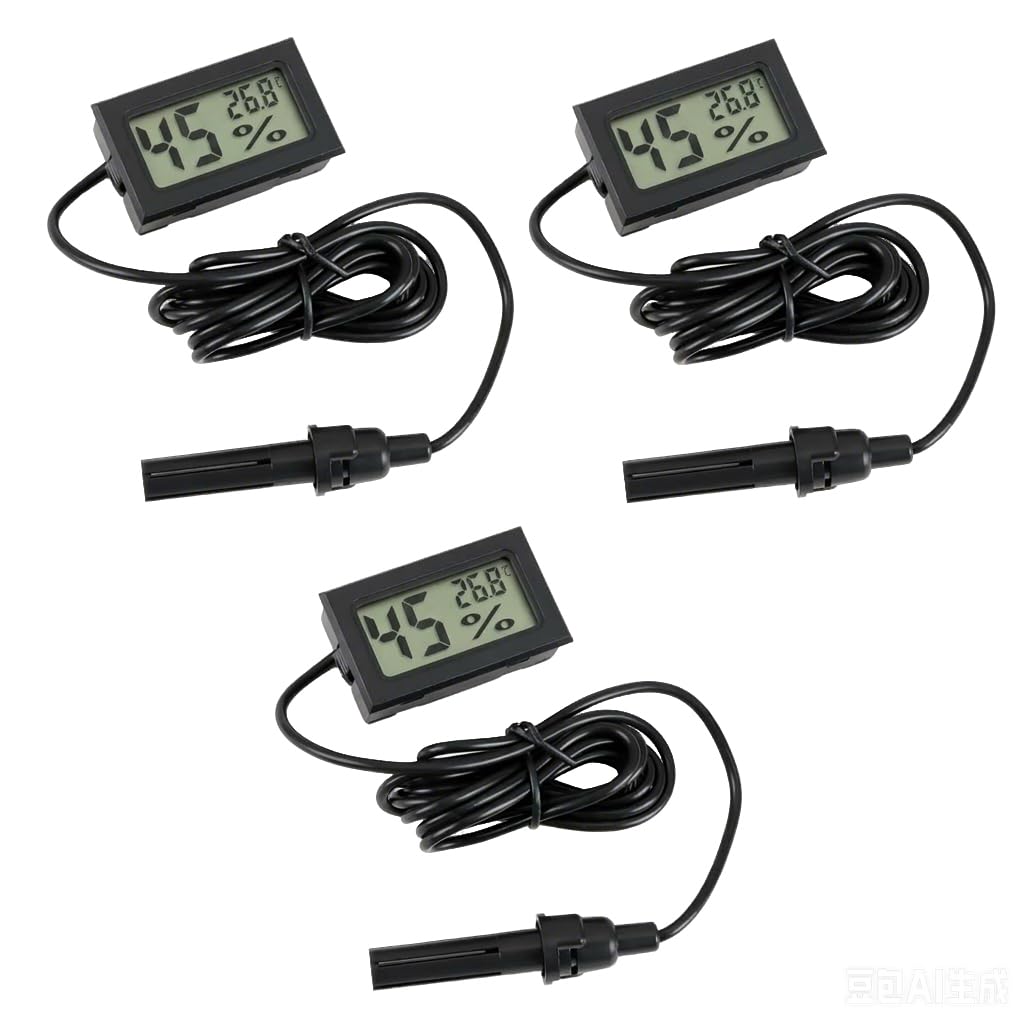 3Pcs Digital Reptile Thermometer Hygrometer, Mini Humidity Meter Accurate Temperature Gauge with LCD Display 1.5m Probe Sensor for Terrarium Aquarium Incubator for Pet fish Gecko Tank Vivarium