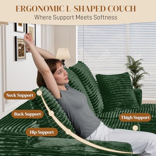 Image of 108 inch L Shaped Boneless Sectional Couches for Living Room, Comfy Corduroy Floor Cloud Sofa with Chaise, Wide Armrest, Deep Seat, Memory Foam, Assembly Free, Ideal for Small Spaces, Green