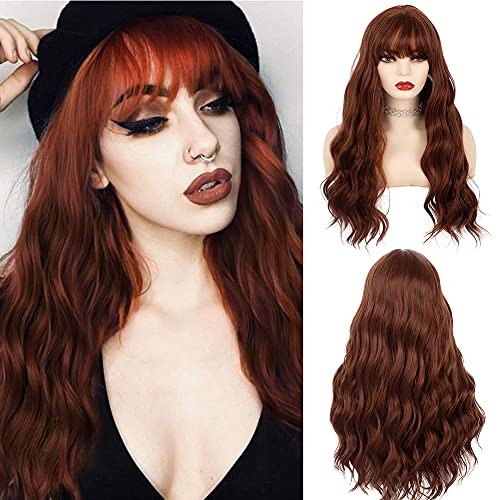 Kaneles Ginger Orange Long Wavy Auburn Wig with Bangs,Natural Wavy Curly Wigs for Women,Synthetic Cosplay Party Copper Wig