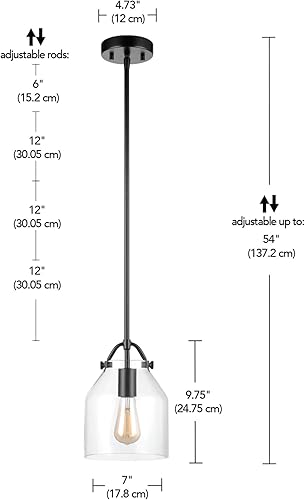 Miniatura 6 de GLOBE Electric 67000097 - Lámpara colgante de 1 luz, negro mate, pantalla de vidrio transparente, varillas de altura colgante ajustable, iluminación