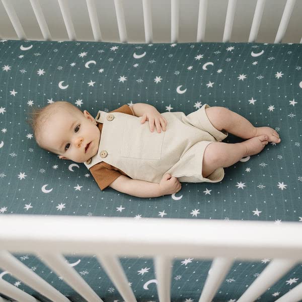 Image of Night Sky Muslin Crib Sheet by Mebie Baby, Soft and Breathable Bed Sheets for Babies, Modern Neutral Bedding for Cribs, Standard Crib Mattress Fitted Sheet, Great for Boy or Girl Room or Nursery