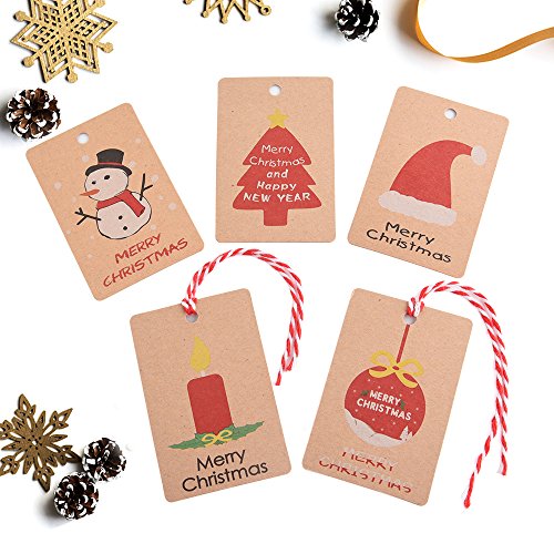 KUUQA 50 Pieces Kraft Paper Christmas Tags for Christmas Wrapping Label with Hanging Rope, 5 Different Design