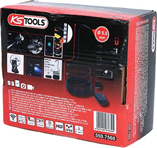 KS Tools KS 551 Tools 550.756 Wi-Fi-Videoskop-Satz mit Ø 5,5 mm 0° HD Frontkamera-Sonde, 5-tlg