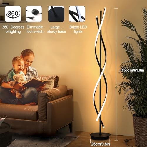 Image of Decor Chronicle Contemporary Floor Lamp, Black Finish with Spiral Rods, 3-Mode LED Light (Warm /Natural /Cool), Modern Standing Lamp for Bedroom, Living Room, or Corner Decor