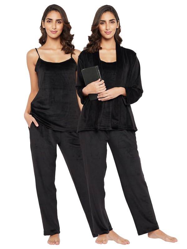 Image of Clovia Women's Rayon Solid Top & Pyjama Set in Black Colour
