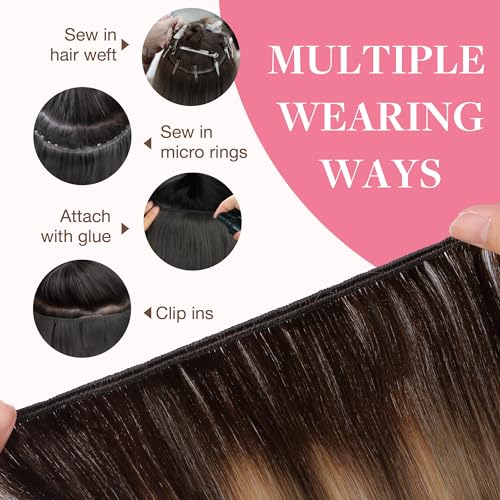Image of GOO GOO Sew in Hair Extensions Real Human Hair, Weft Hair Extensions Human Hair, 4 /27 /4 Balayage Chocolate Brown to Caramel Blonde 24inch 120g, Weft Bundles Straight Silky Remy Hair