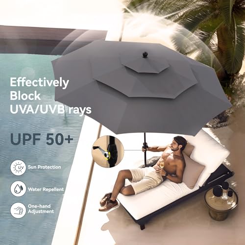 Image of PHI VILLA 10ft Outdoor Patio Umbrellas for Outside, 3 Tier Vented Market Table Umbrella Windproof for Backyard, Deck, Garden, 1.5 inch Pole, Grey(No Base)