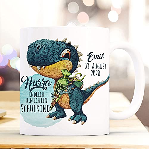 Tasse Becher zum Schulanfang Schulstart Dino T-Rex Schultüte Spruch Hurra