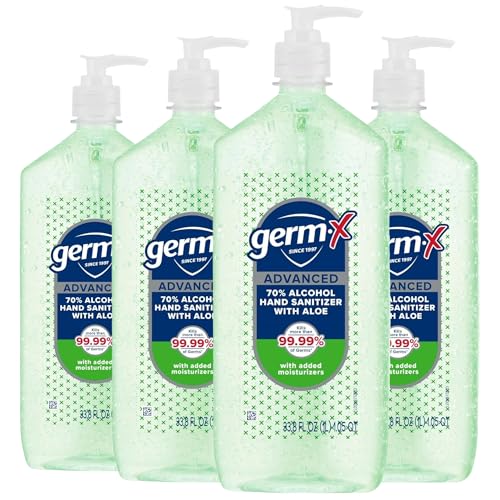 Germ-X Advanced Hand Sanitizer with Aloe and Vitamin E, 1 Liter (Pack of 4), Less Drying Moisturizing Gel, No Rinse Formula, Pump Bottle