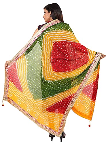 Image of Women's Jaipuri Art Silk Bandhej Rajasthani Bandhani Dupatta with Gota Patti Lace