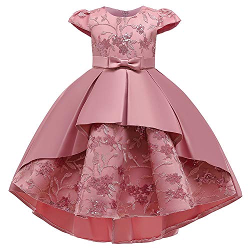 Flower Girls Satin Embroidery Elegant Opening Ceremony Bowknot Princess Birthday Party Dress 10 Pink