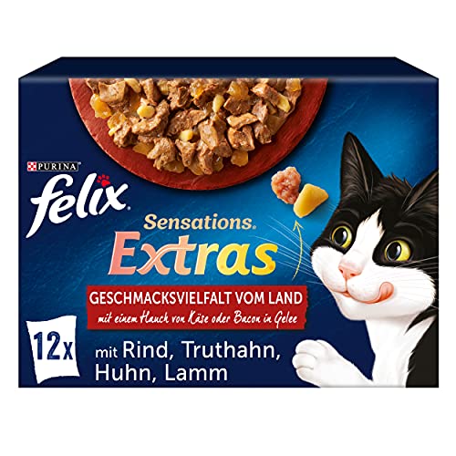 Felix Sensations Extras Katzenfutter nass in Gelee, Geschmacksvielfalt vom Land, 6er Pack, (6 x 12 Beutel à 85g)