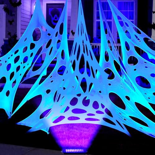 wymulot Glow in The Dark White 1000 Sqft Uncut Giant Spider Web Halloween Decorations Outdoor with 1 Black Light &10 Ground Nails Stretchy Beef Cloth Netting DIY Flexible Elastic for Yard Party Decor
