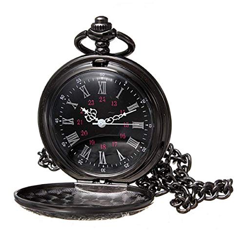 WIOR Black Classical Pocket Watch Retro Steampunk Pattern Quartz Numerals Pocket Watch with 14.5 in Chain for Gradution Xmas Birthday Fathers Day (A)