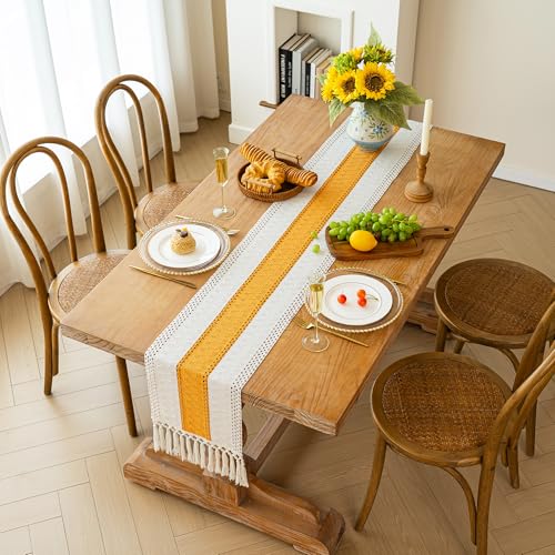 Image of FEXIA Boho Table Runner for Summer Home Decor with Tassels 72 Inches Long Farmhouse Yellow Rustic Table Decoration Macrame Burlap Decor for Living Room Bridal Shower (12x72 Inches)