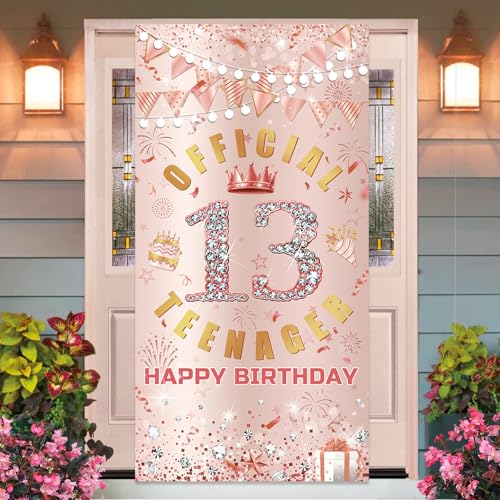 Decoraciones de feliz cumpleaños número 13 para niñas, telón de fondo oficial de tela de oro rosa, telón de fondo para puerta de adolescente, cubierta de puerta de fiesta de 13 cumpleaños, accesorios