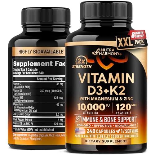 Vitamin D3 K2 - Vitamin D3 10000 iu & K2 as MK-7 120 mcg - Immune & Mood Support, for Bone & Teeth Health - with Magnesium, Zinc & Vitamin C & B12 - Highly Bioavailable - Made in USA, 240 Ca