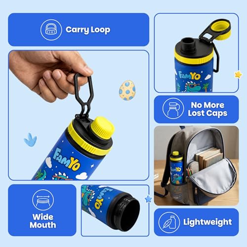 Image of Famyo Stainless Steel Unisex Kids Water Bottle, 900ml (Rexy Dino) | Leakproof Sipper with Carry Loop, BPA Free, Personalizable Name Space, School, Outdoor & Travel, 4-15 years