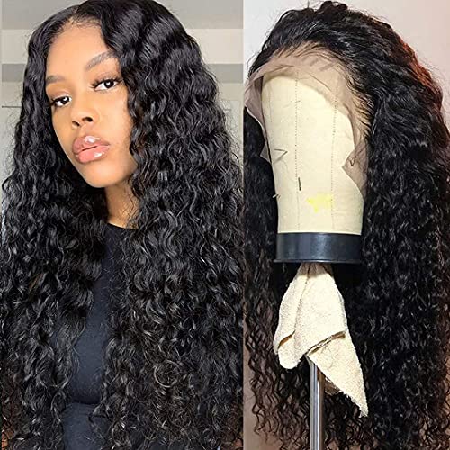 20 Inch Lace Front Wigs Water Wave Human Hair Wigs for Black Woman Pre Plucked 13x4 Wet and Wavy Human Hair Wigs Water Wave Wigs 150% Density Natural Black (20 inch)