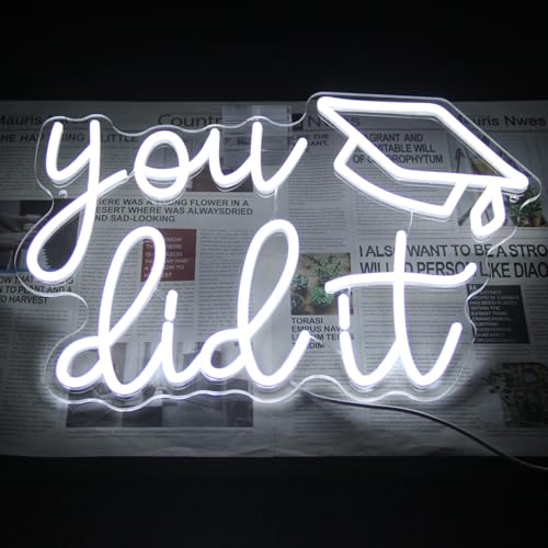 Image of You Did It Neon Sign Congrats Grad LED Neon Light for Party Backdrop Decor | Graduation Decorations 2026, Dimmable Graduation Cap LED Sign, White Letter Neon Lights Signs, Graduation Gifts, USB Powered