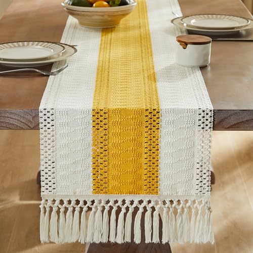 Image of ZeeMart Macrame Style Bicolor Stitching Table Runner, 14 x 60 Inch Mustard /Ivory, Boho Yellow Table Runners 60 Inches Long, Farmhouse Woven Home Decor